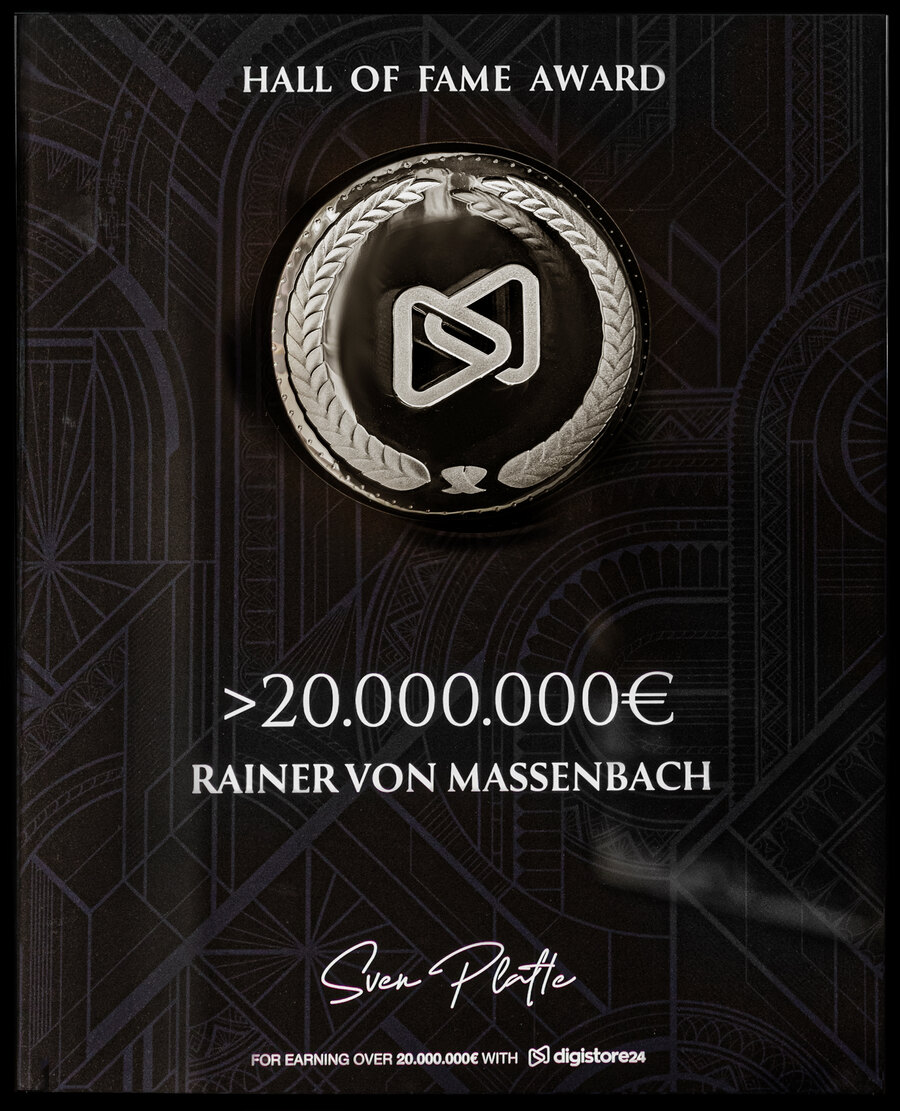 Digistore24 Hall of Fame Award für Rainer von Massenbach, über 20 Millionen Euro Umsatz